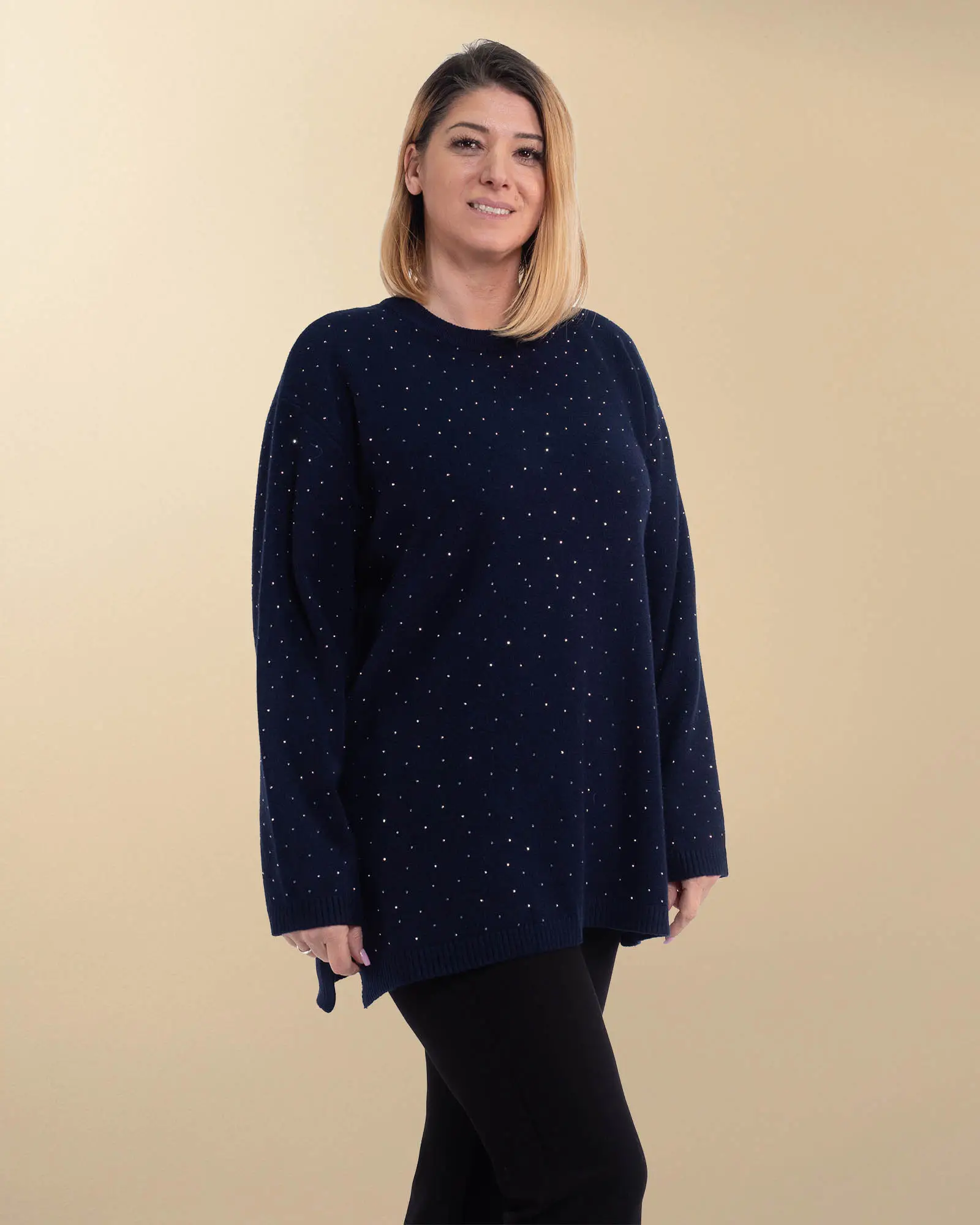 Pulover tunică elegant bleumarin cu accente de cristal [3]