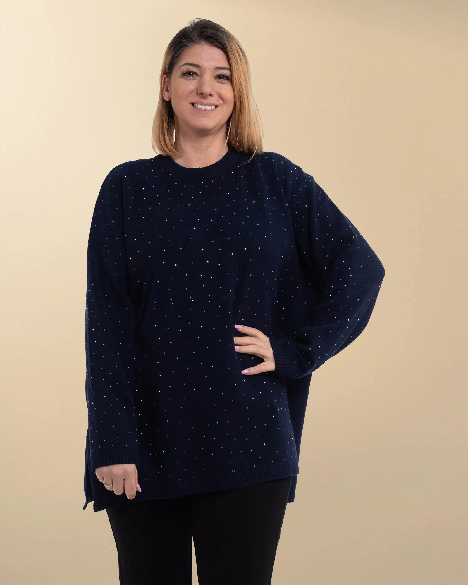 Pulover tunică elegant bleumarin cu accente de cristal [1]