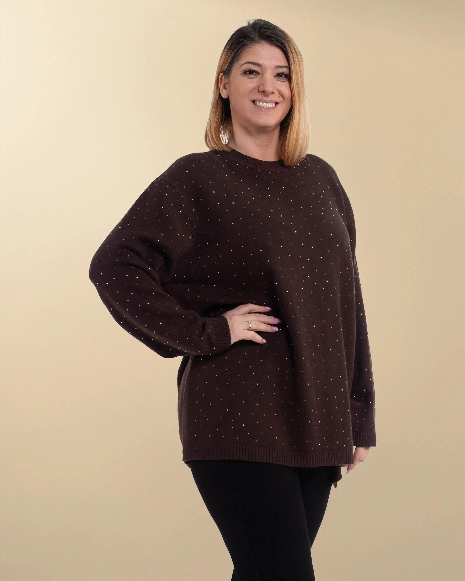 Pulover tunică elegant de un maro cald cu strasuri delicate [3]