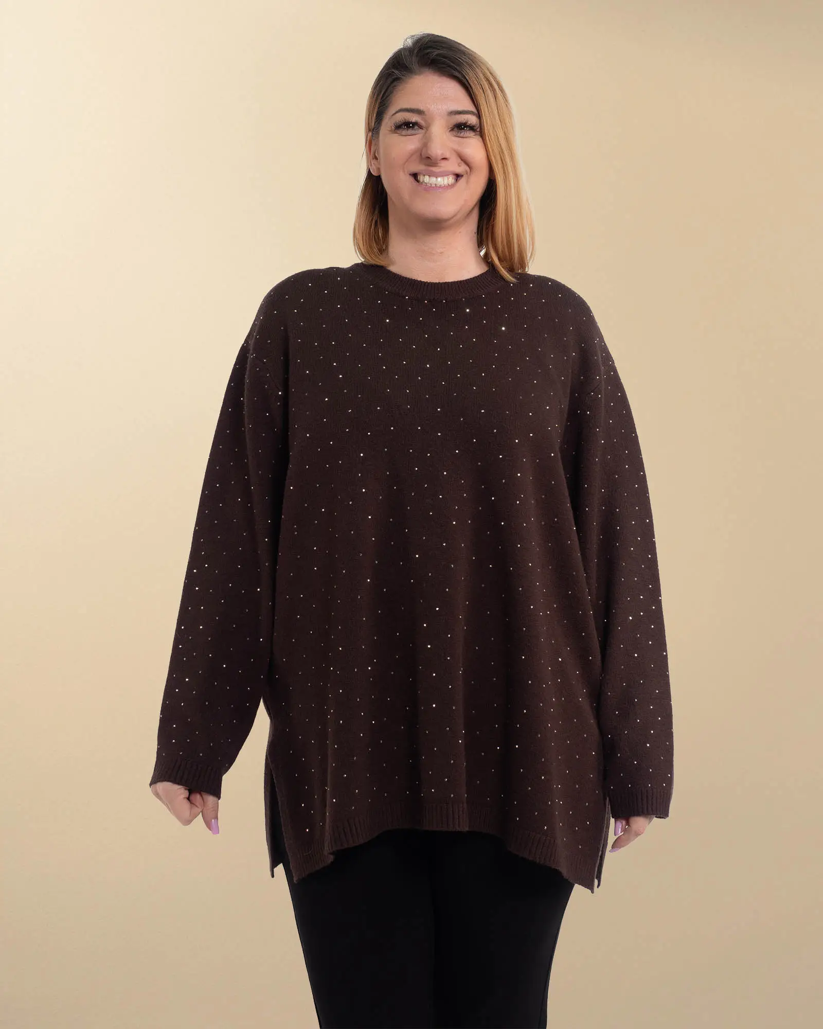 Pulover tunică elegant de un maro cald cu strasuri delicate [1]