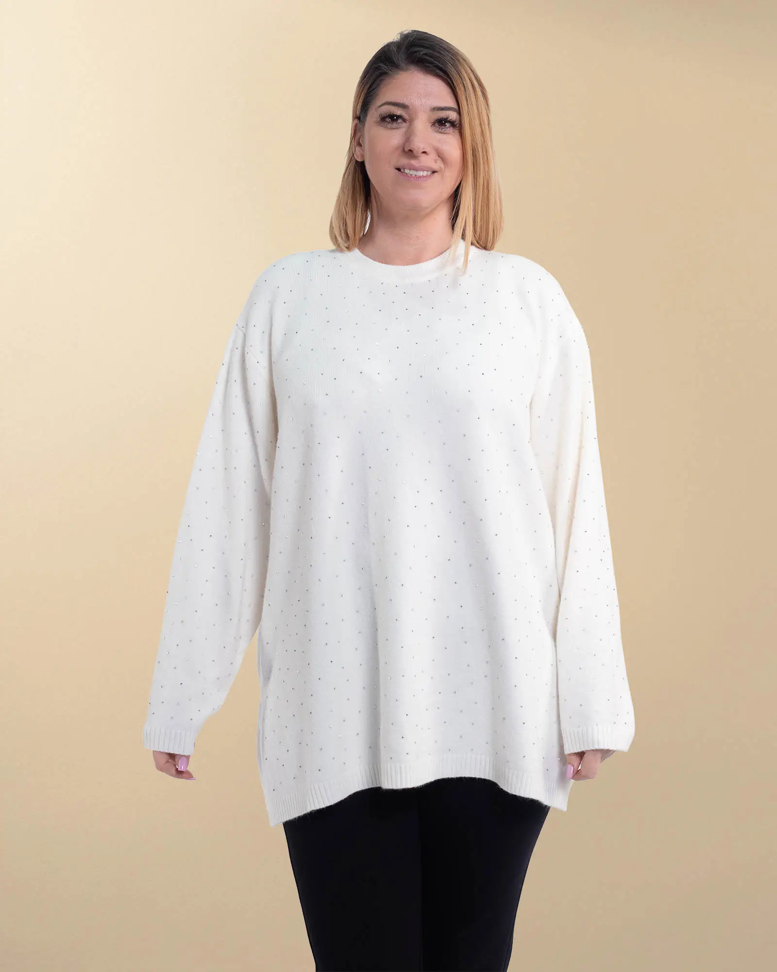 Pulover tunică elegant tricotat alb cu aplicații de strasuri [1]