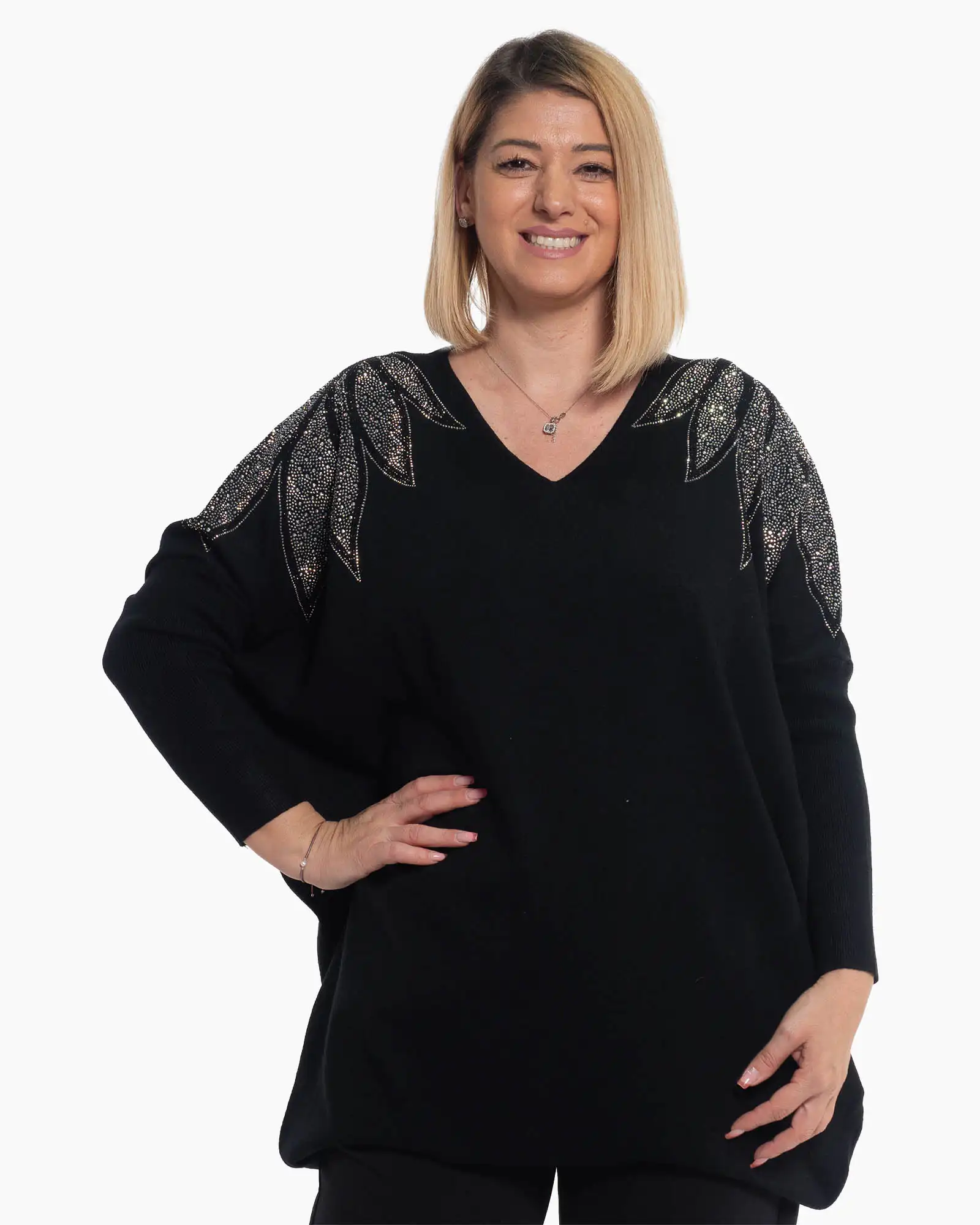 Pulover tunică negru cu flori prețioase și mâneci kimono [1]