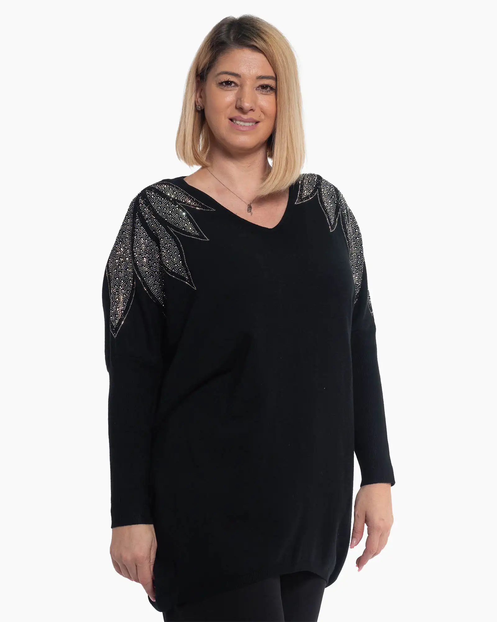 Pulover tunică negru cu flori prețioase și mâneci kimono [3]
