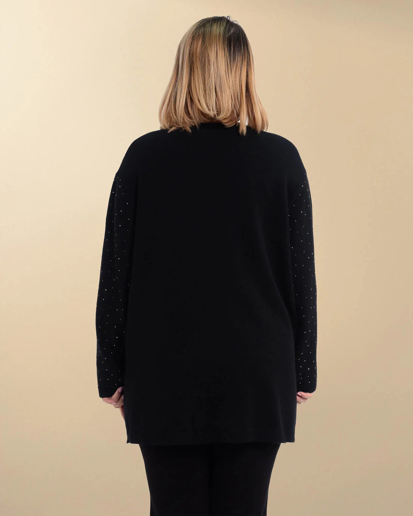 Pulover tunică negru din tricot moale cu strasuri [2]