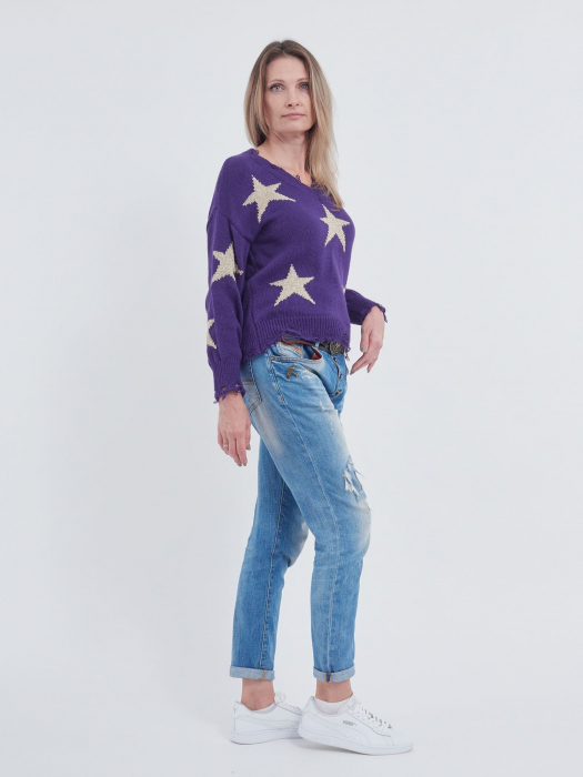 Pulover violet tricotat cu detalii "stea" [2]