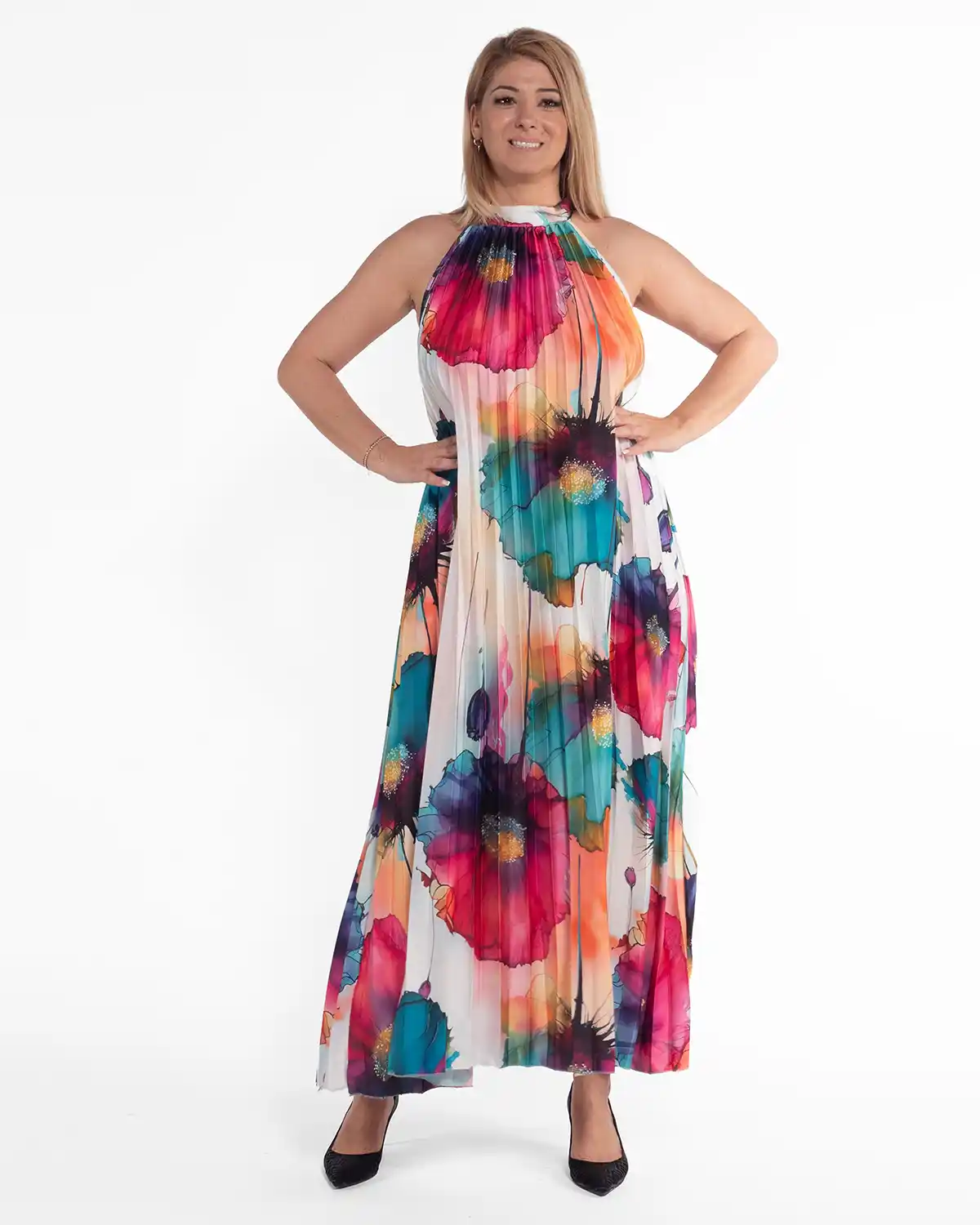 Rochie albă amplă plisată cu imprimeu floral [1]