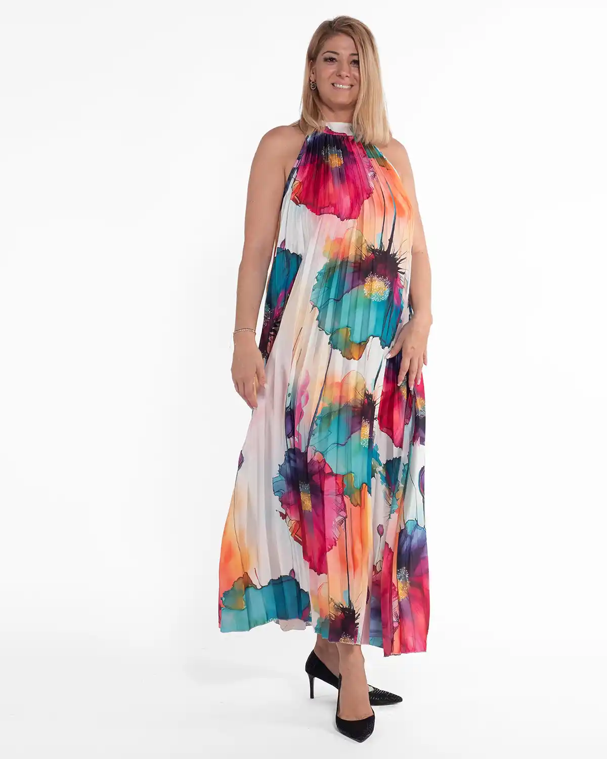 Rochie albă amplă plisată cu imprimeu floral [4]