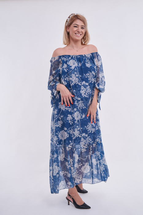 Rochie albastra cu model trandafiri albi [2]