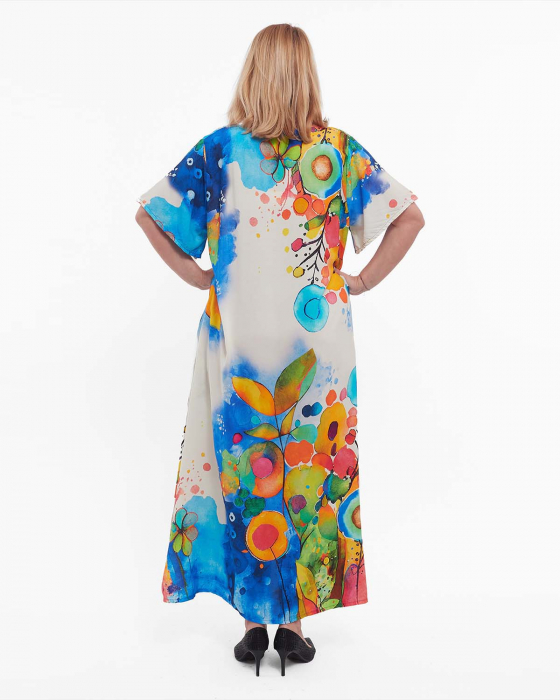 Rochie albastră maxi smart casual cu imprimeu floral și umeri căzuți [2]