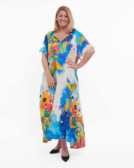 Rochie albastră maxi smart casual cu imprimeu floral și umeri căzuți [1]