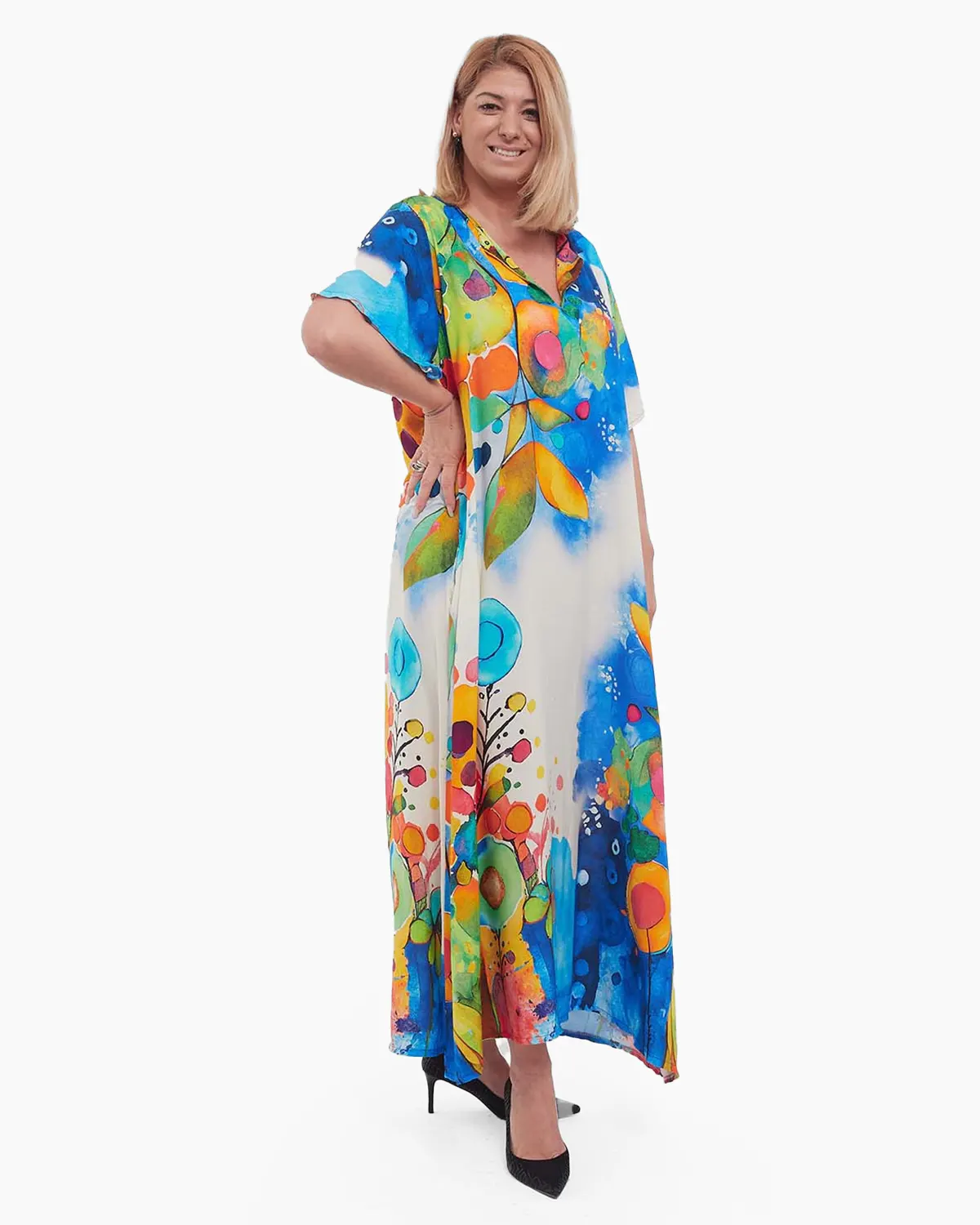 Rochie albastră maxi smart casual cu imprimeu floral și umeri căzuți [3]
