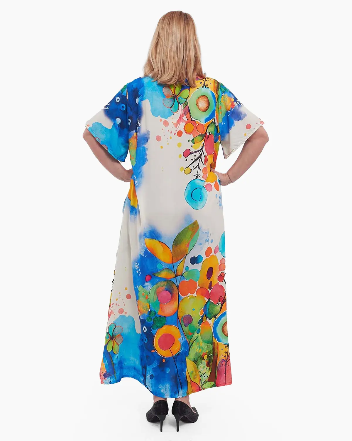 Rochie albastră maxi smart casual cu imprimeu floral și umeri căzuți [2]