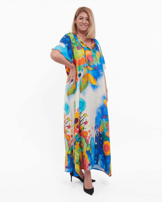 Rochie albastră maxi smart casual cu imprimeu floral și umeri căzuți [3]
