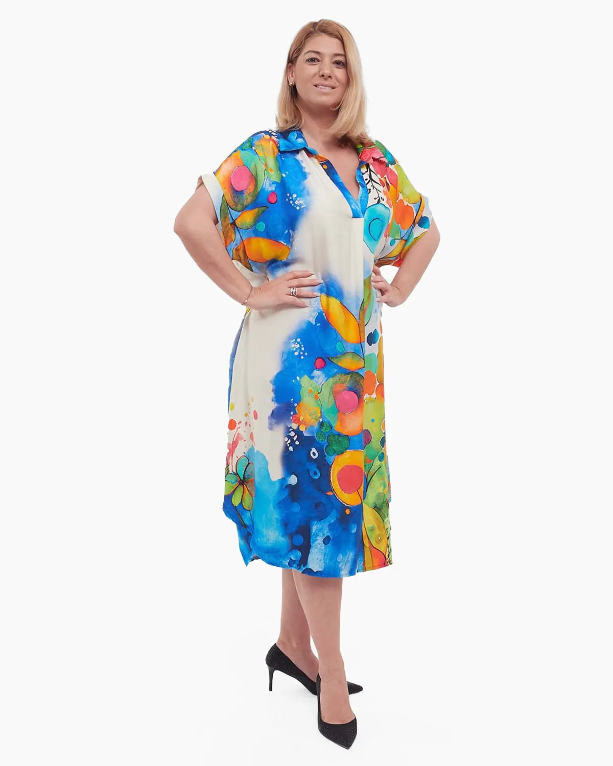 Rochie albastră midi florală smart casual din vâscoză [3]