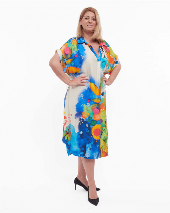 Rochie albastră midi florală smart casual din vâscoză [3]