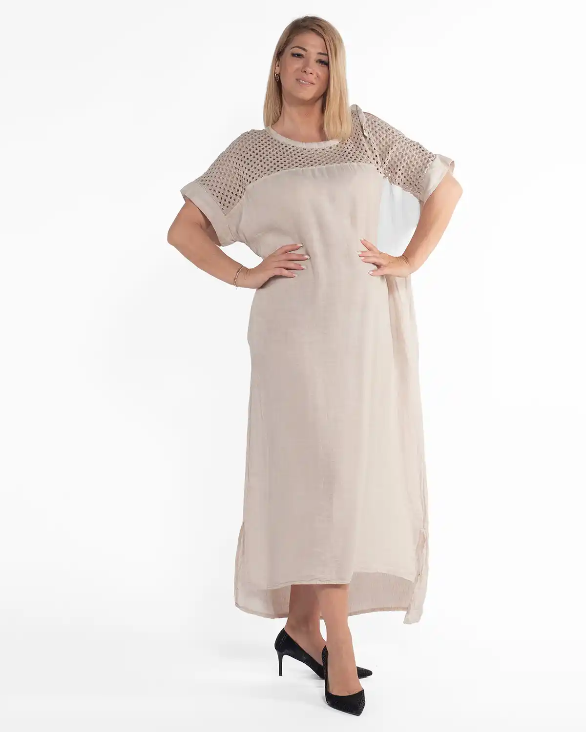 Rochie amplă bej din in, în stil boho [4]