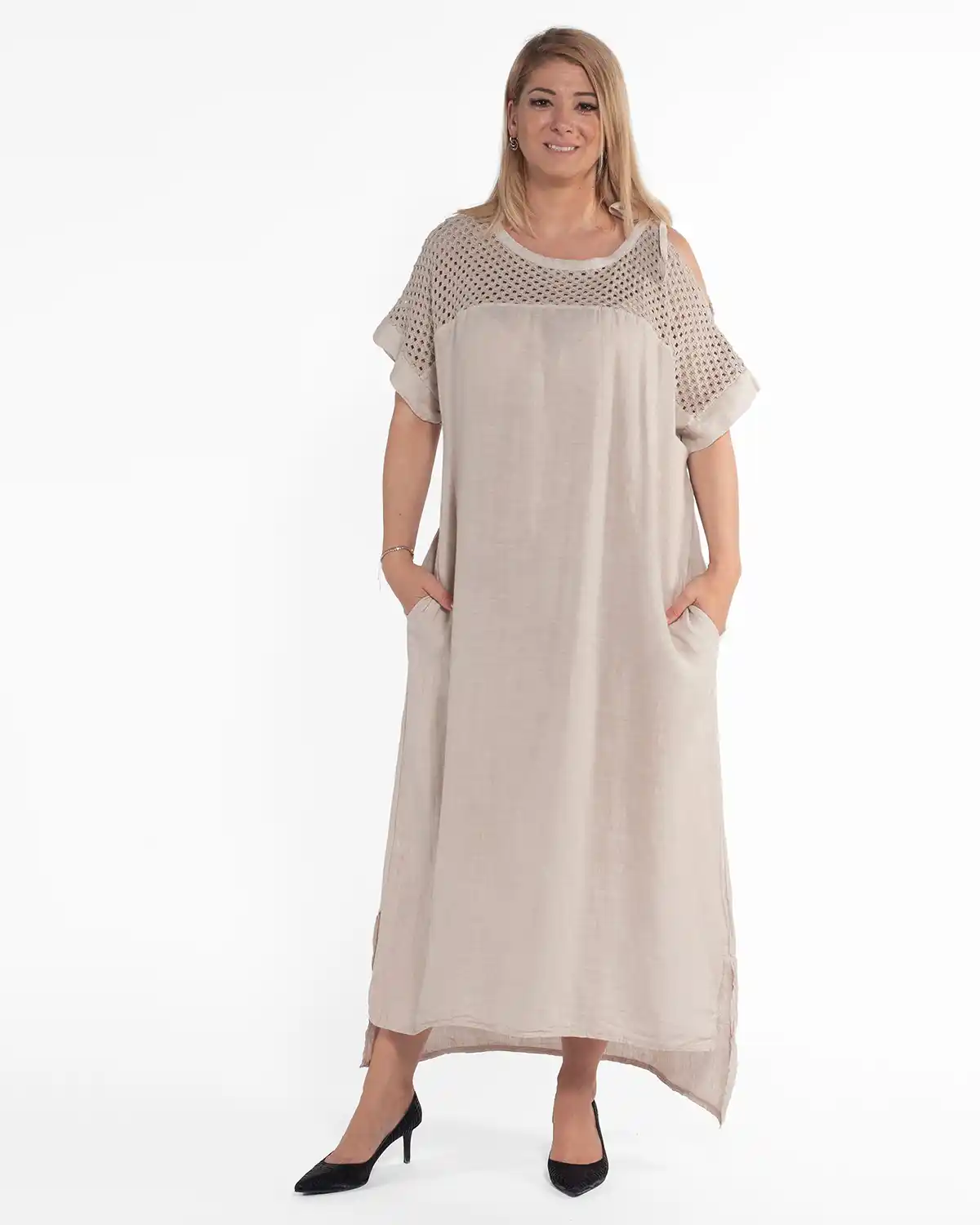 Rochie amplă bej din in, în stil boho [1]