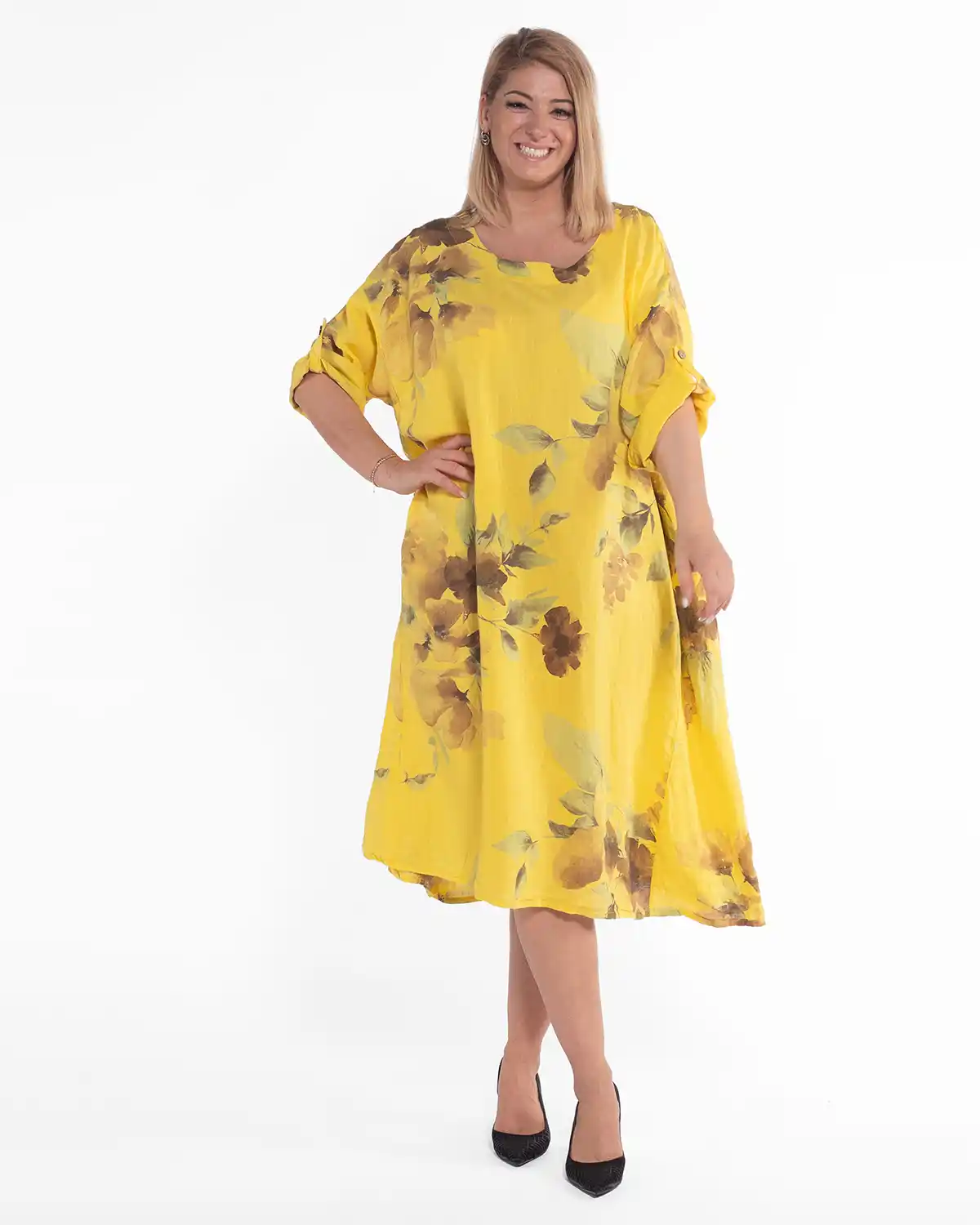 Rochie amplă din in galben cu imprimeu floral chic [1]