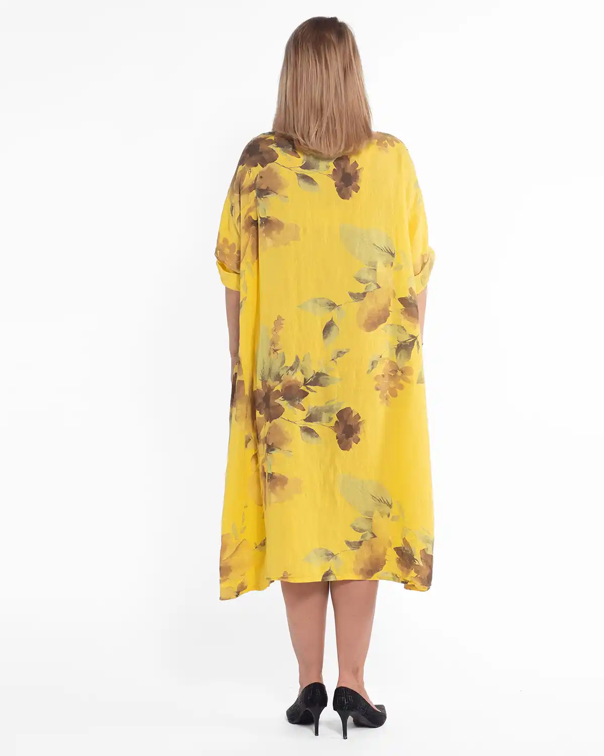 Rochie amplă din in galben cu imprimeu floral chic [2]