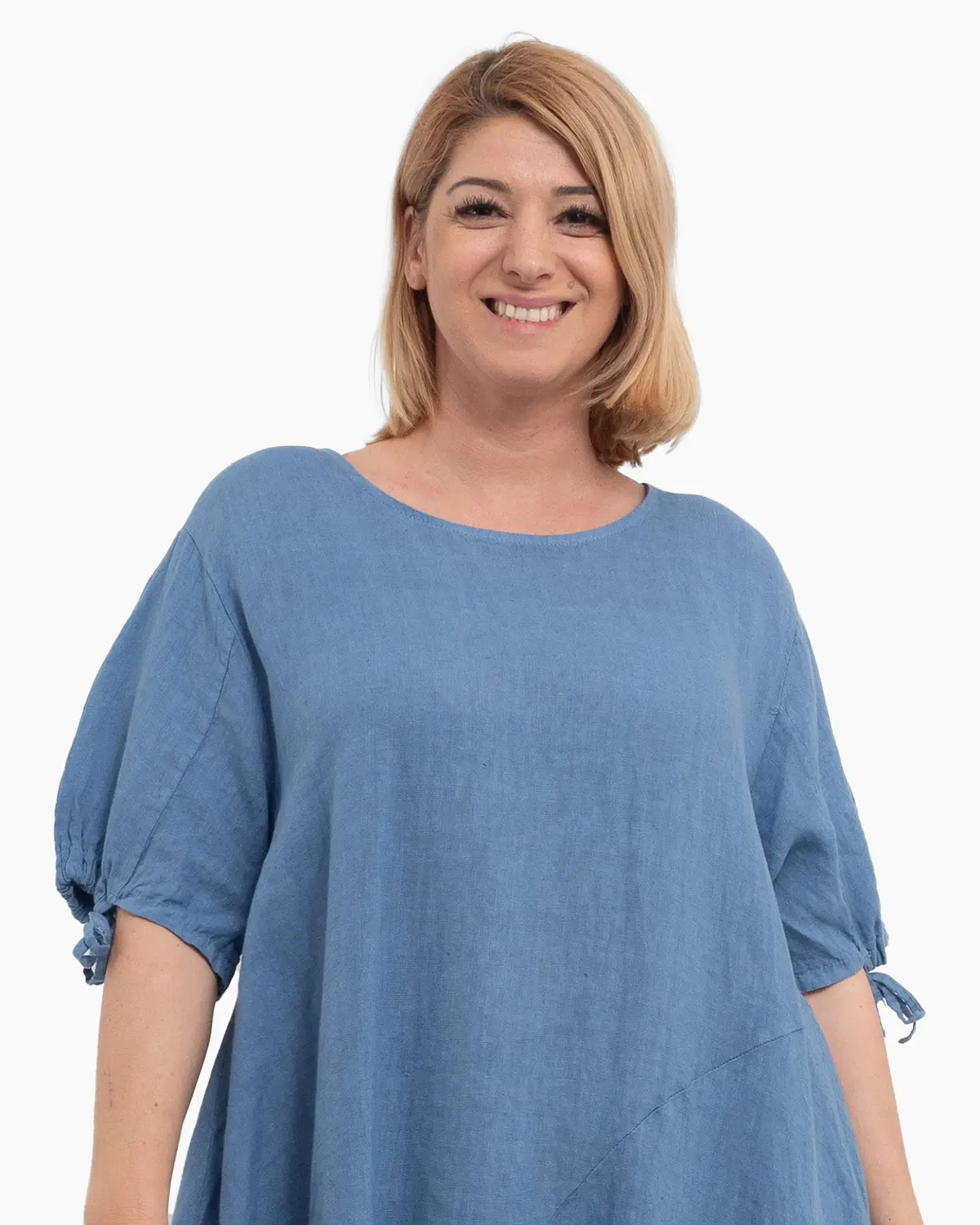 Rochie asimetrică albastră din in cu șnur la mâneci [3]