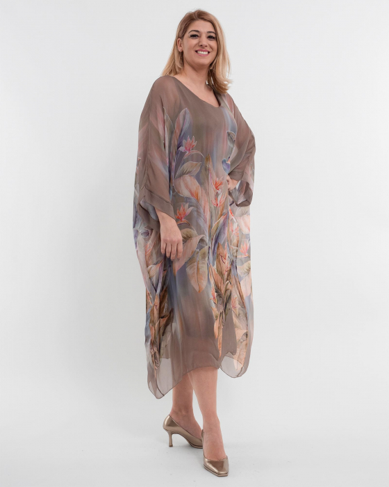 Rochie bej cu matase si imprimeu floral orange [3]