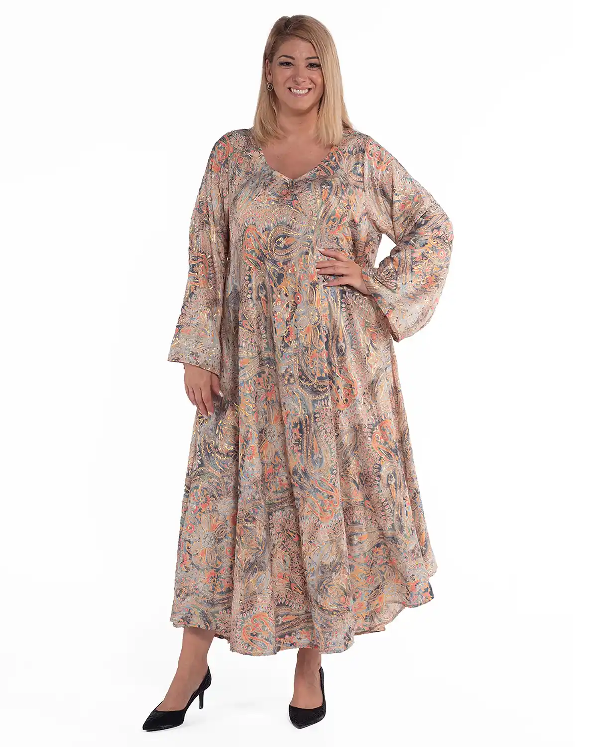 Rochie bej din mătase cu imprimeu arabesque [1]