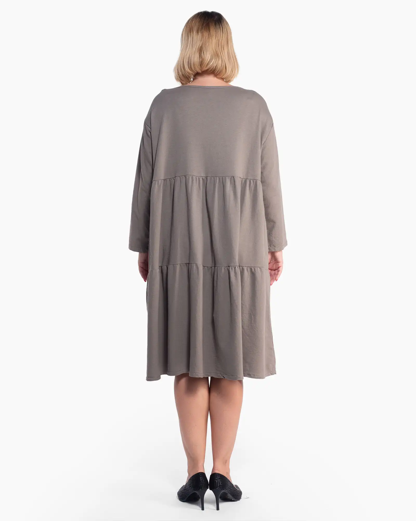 Rochie bej-fango fluidă cu volane din bumbac [2]