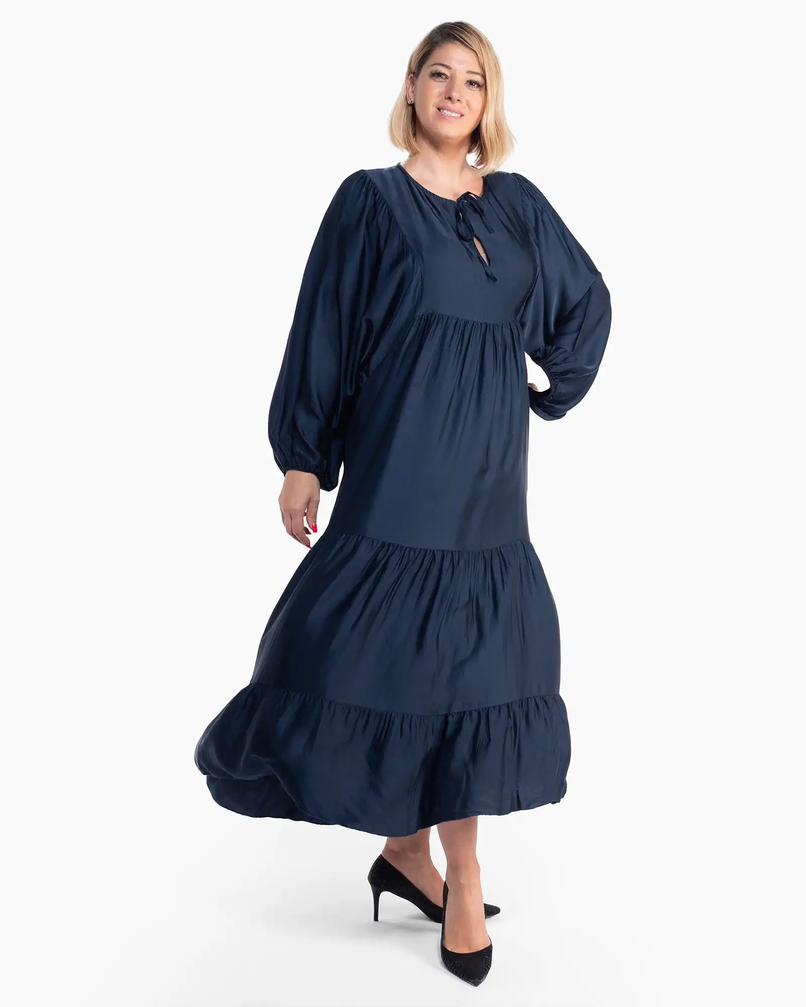 Rochie bleumarin elegantă cu volane fluide și mâneci bufante [3]