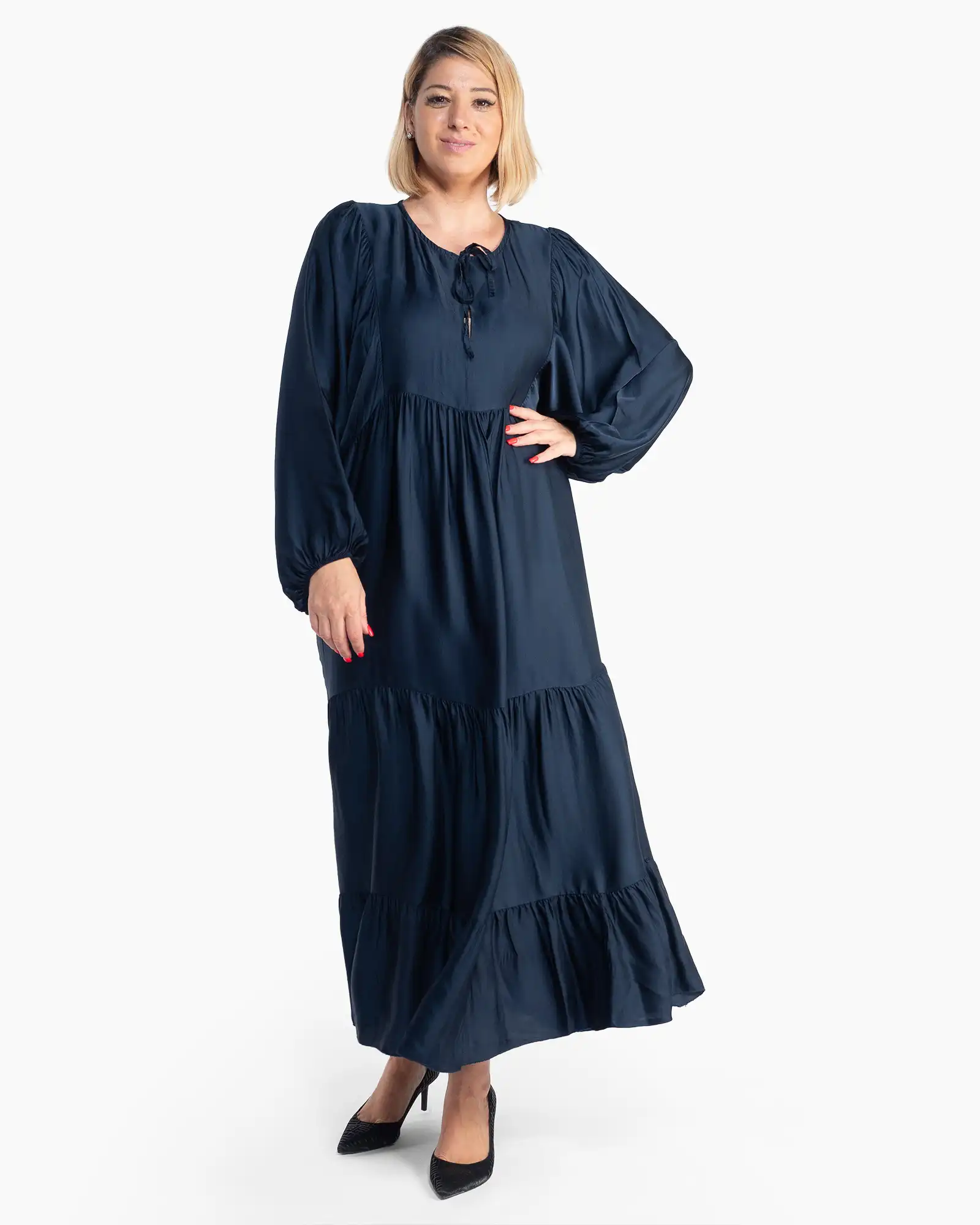 Rochie bleumarin elegantă cu volane fluide și mâneci bufante [1]