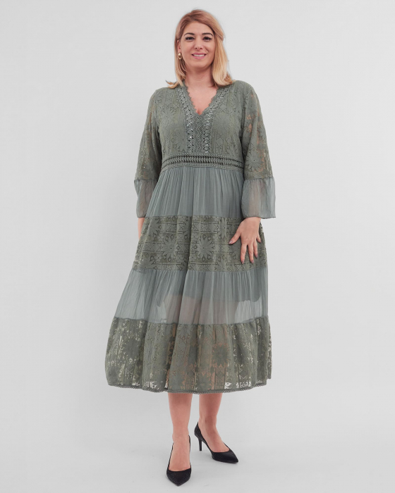 Rochie boema verde cenusiu, cu matase si broderie [2]