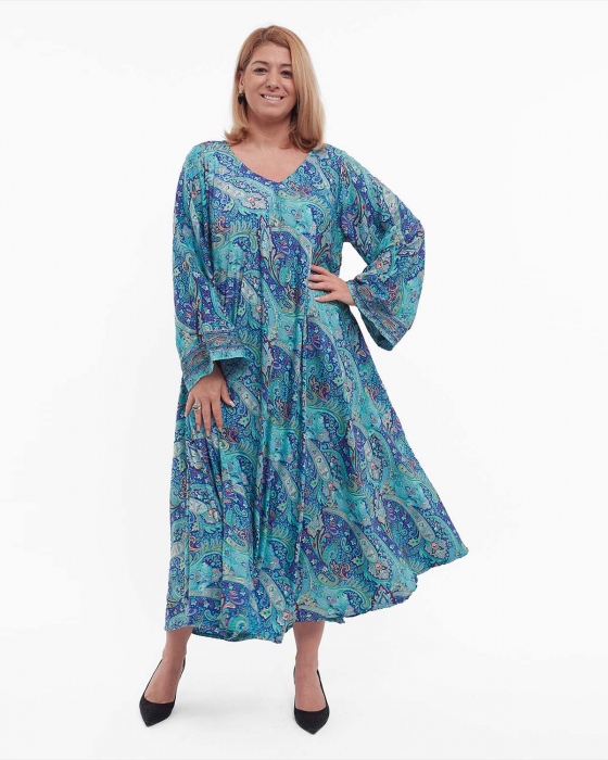 Rochie boho albastră de mătase maxi cu imprimeu floral [4]