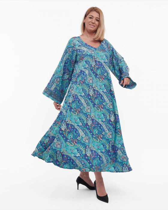 Rochie boho albastră de mătase maxi cu imprimeu floral [3]