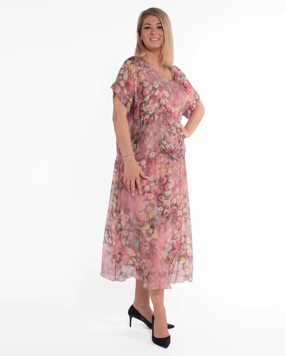Rochie boho din vâscoză roz pudrat cu imprimeu floral [4]