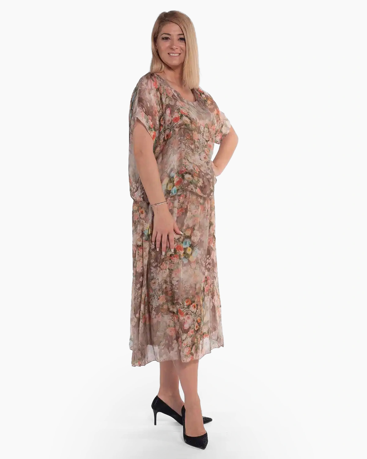 Rochie boho lejeră din vâscoză bej-fango cu imprimeu floral [4]