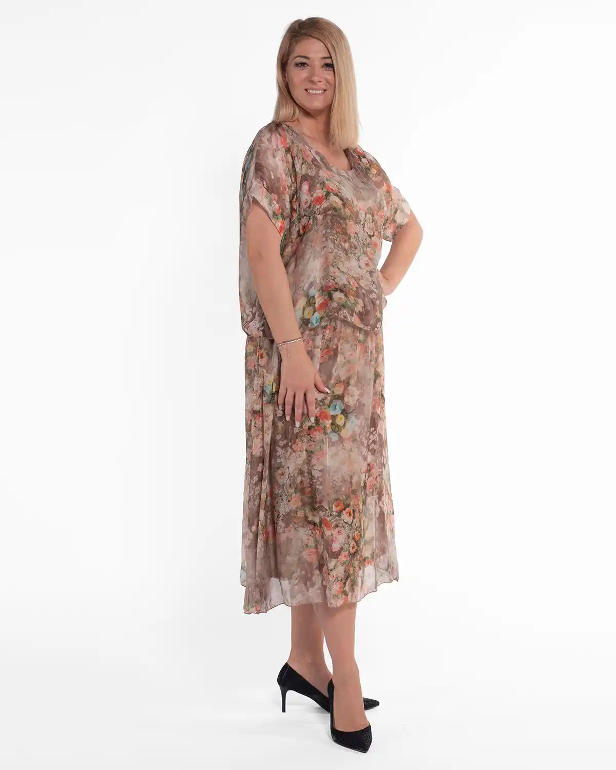 Rochie boho lejeră din vâscoză bej-fango cu imprimeu floral [4]