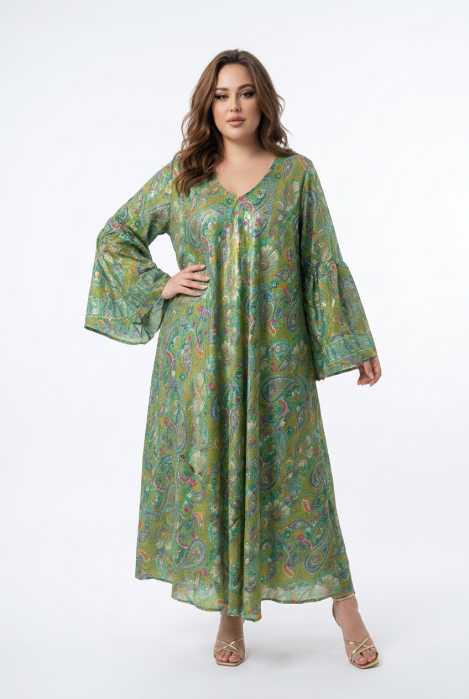 Rochie boho maxi verde din mătase cu imprimeu arabesque [3]