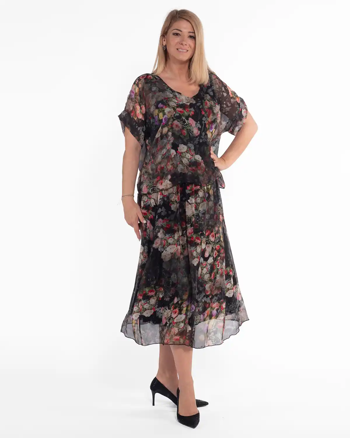 Rochie boho neagră midi cu imprimeu floral din vâscoză [4]