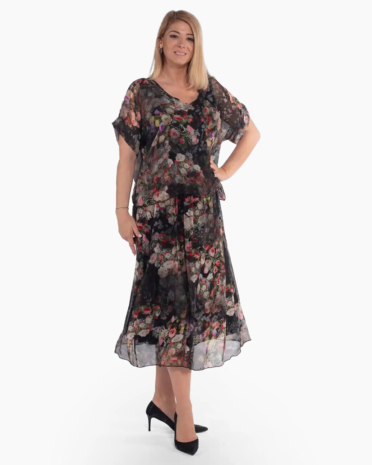 Rochie boho neagră midi cu imprimeu floral din vâscoză [4]