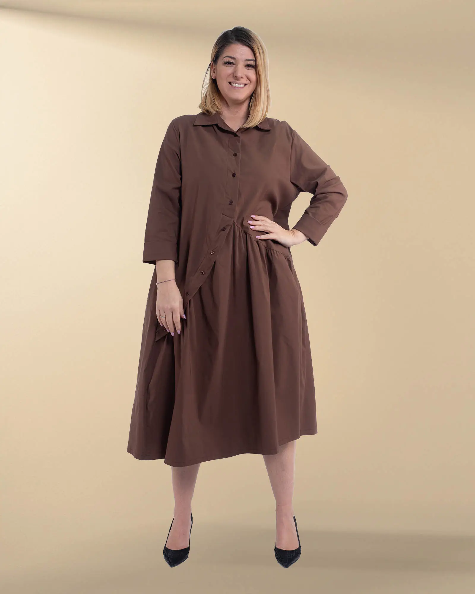 Rochie cămașă midi maro din vâscoză casual chic [3]