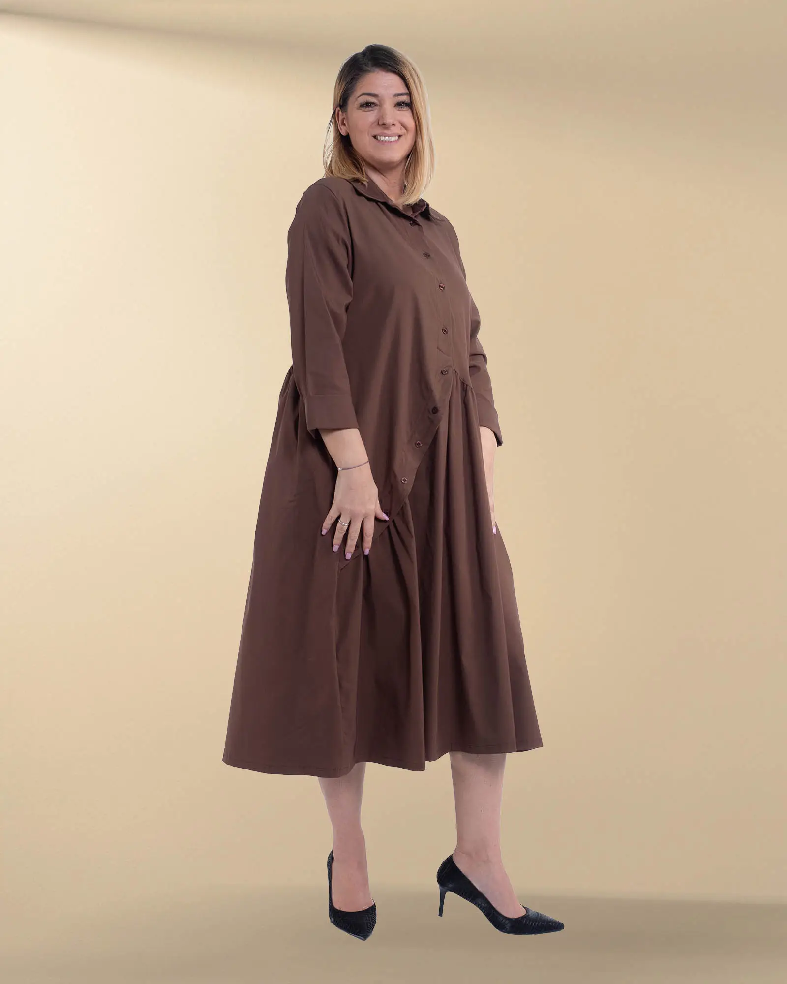 Rochie cămașă midi maro din vâscoză casual chic [1]