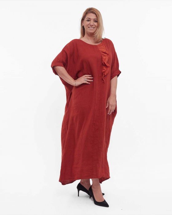 Rochie cărămizie minimalistă maxi din in cu volan [3]