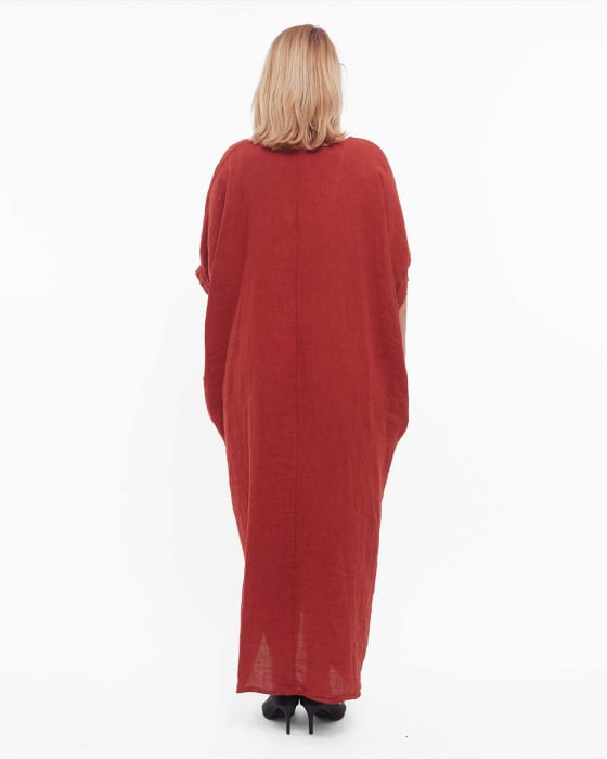 Rochie cărămizie minimalistă maxi din in cu volan [2]