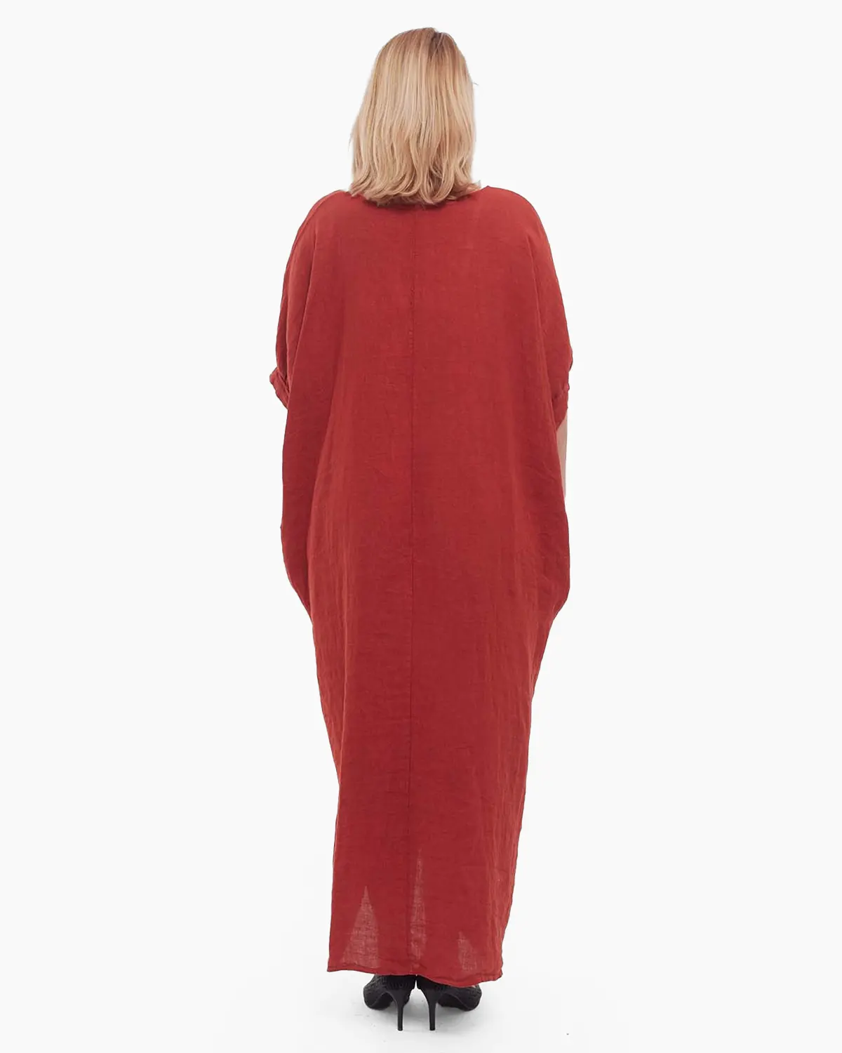 Rochie cărămizie minimalistă maxi din in cu volan [2]