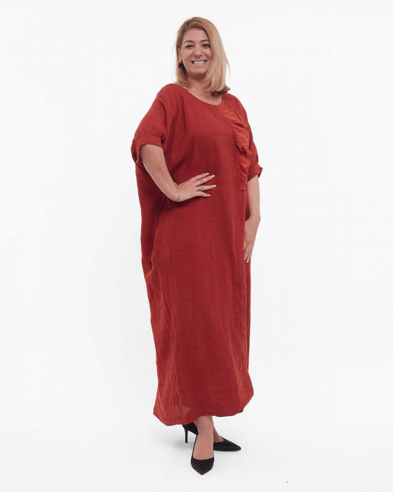 Rochie cărămizie minimalistă maxi din in cu volan [4]