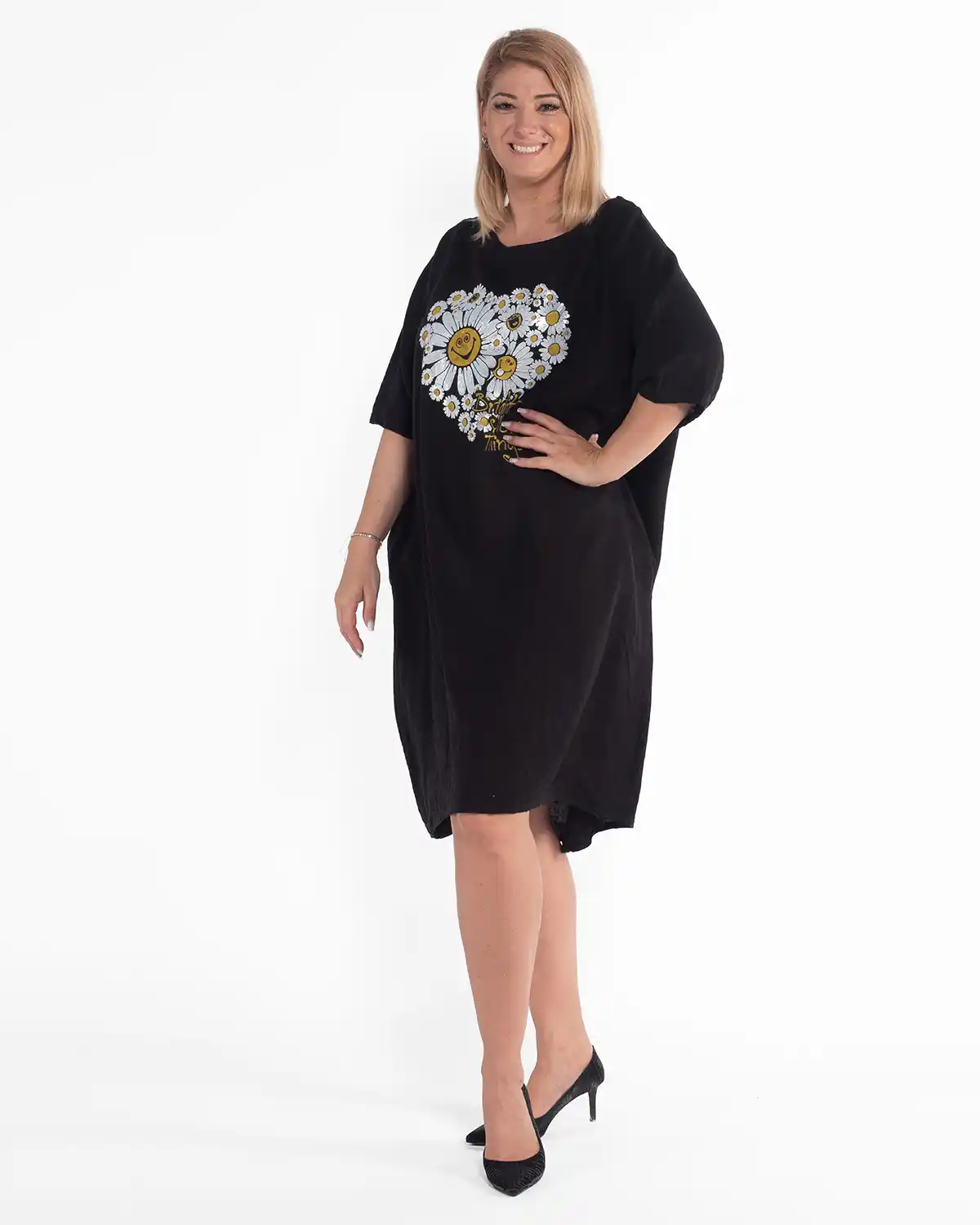 Rochie casual din in negru cu imprimeu floral și croială amplă [4]