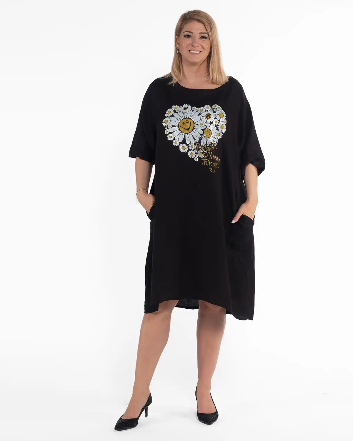 Rochie casual din in negru cu imprimeu floral și croială amplă [1]