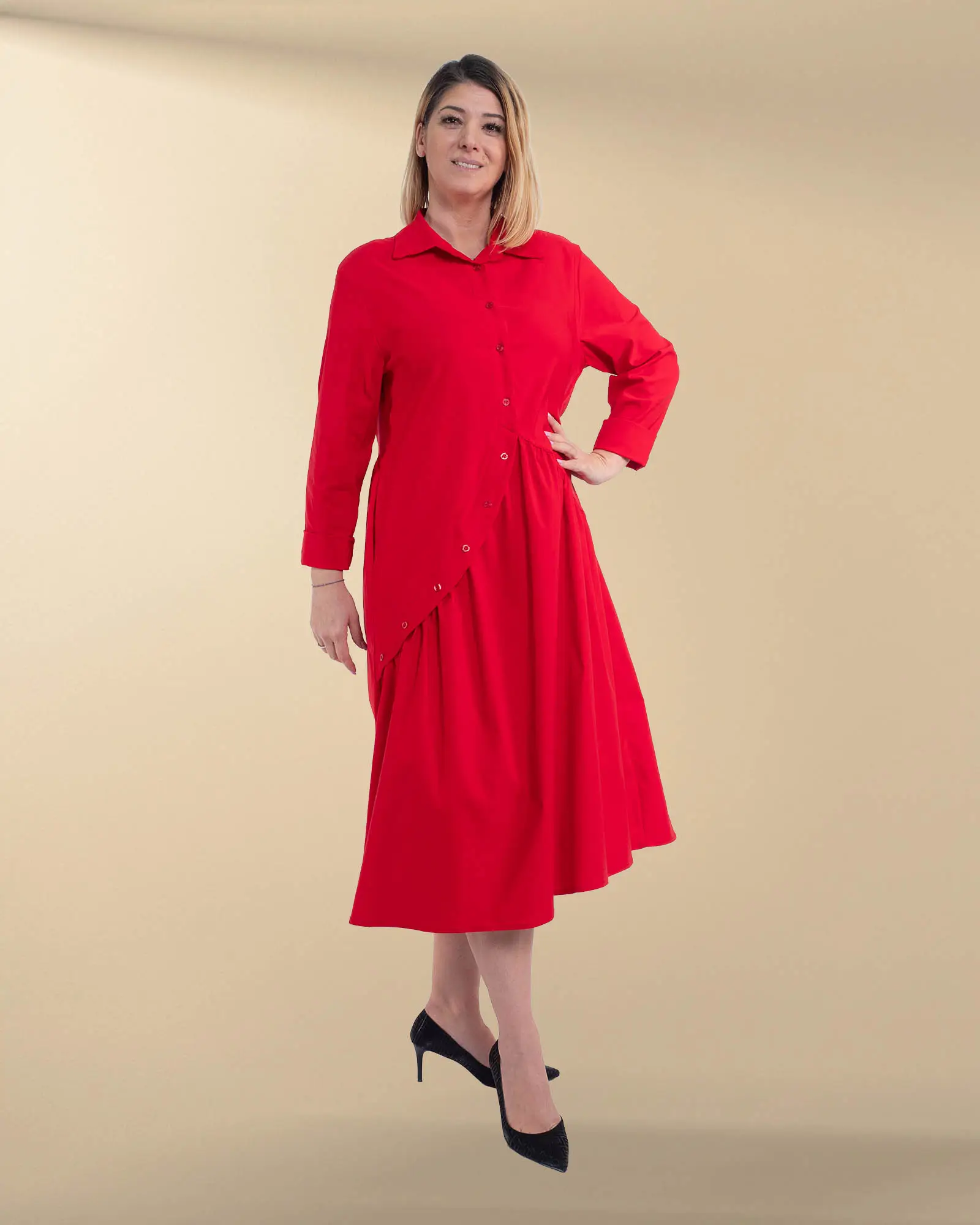 Rochie casual midi roșie din vâscoză tip cămașă Sunsun Italia [3]