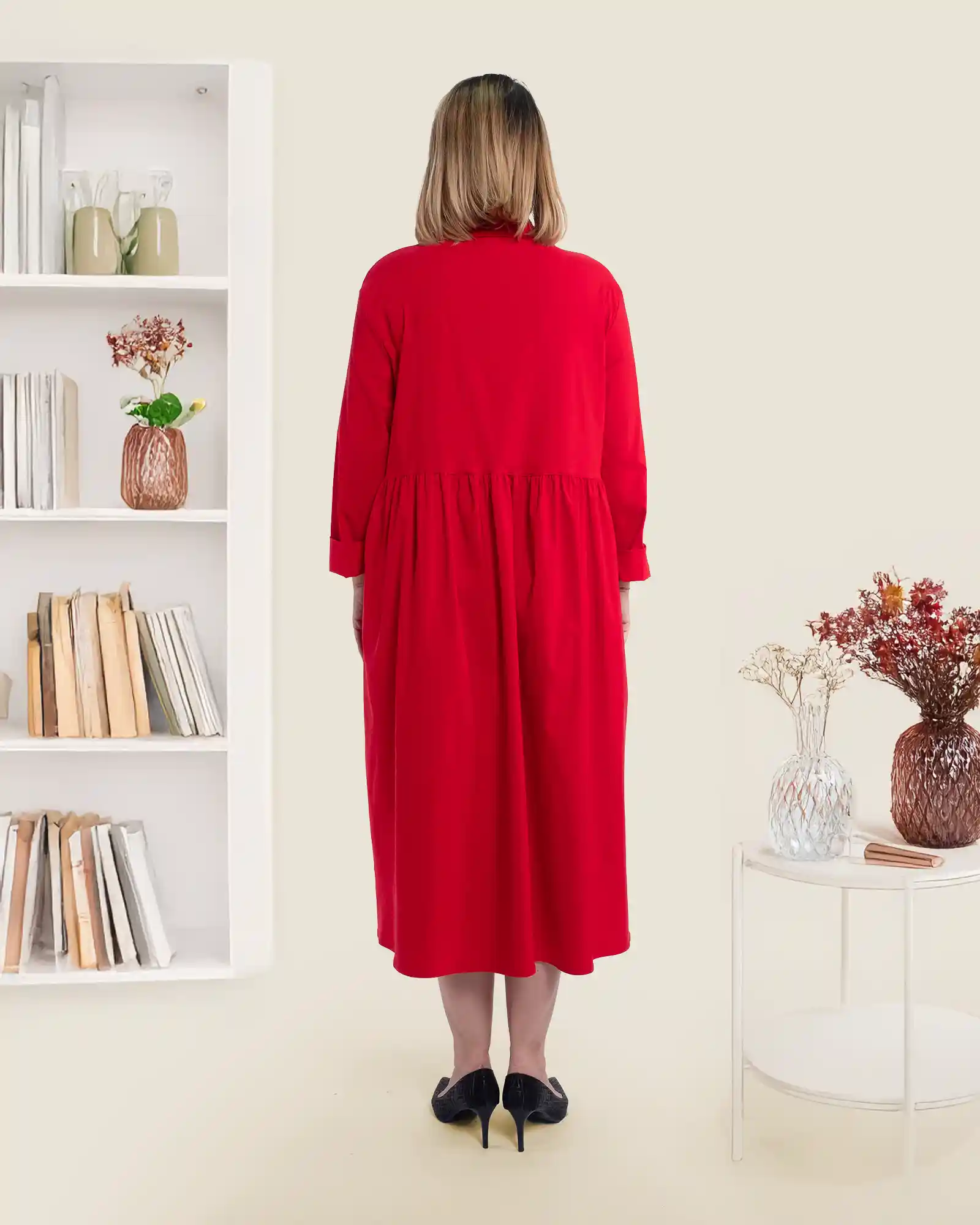 Rochie casual midi roșie din vâscoză tip cămașă Sunsun Italia [2]