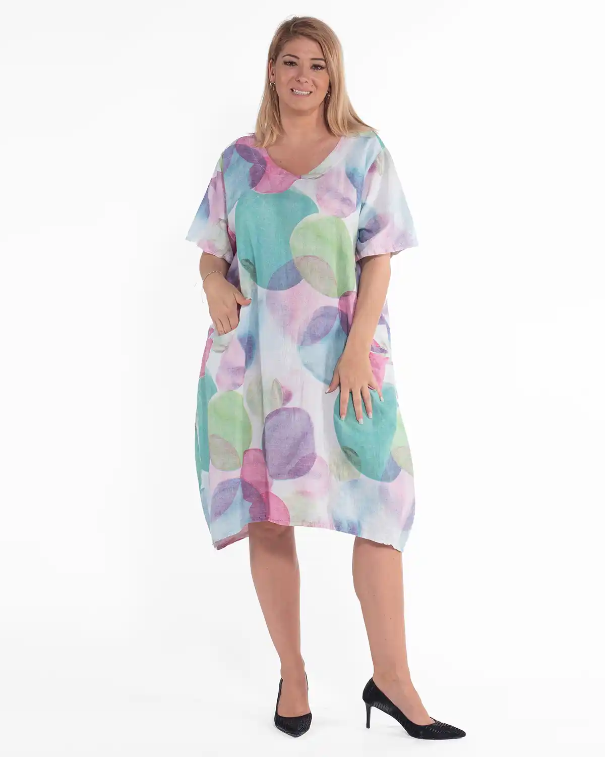Rochie chic multicoloră din in cu buline și decolteu în V [4]