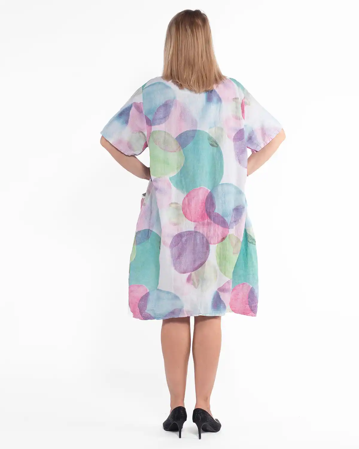 Rochie chic multicoloră din in cu buline și decolteu în V [2]